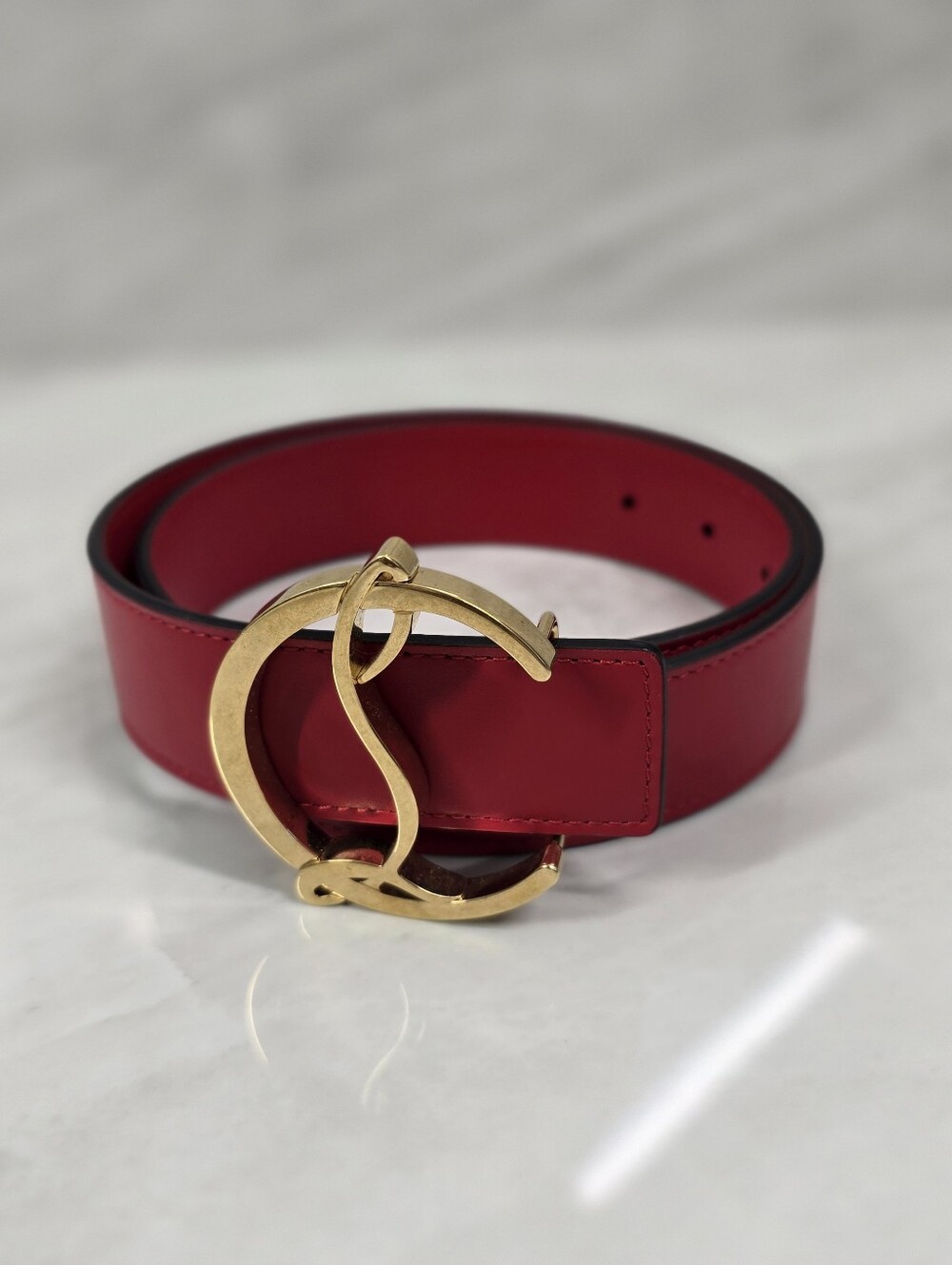 Christian Louboutin Red Leather Belt with Gold Signature Buckle